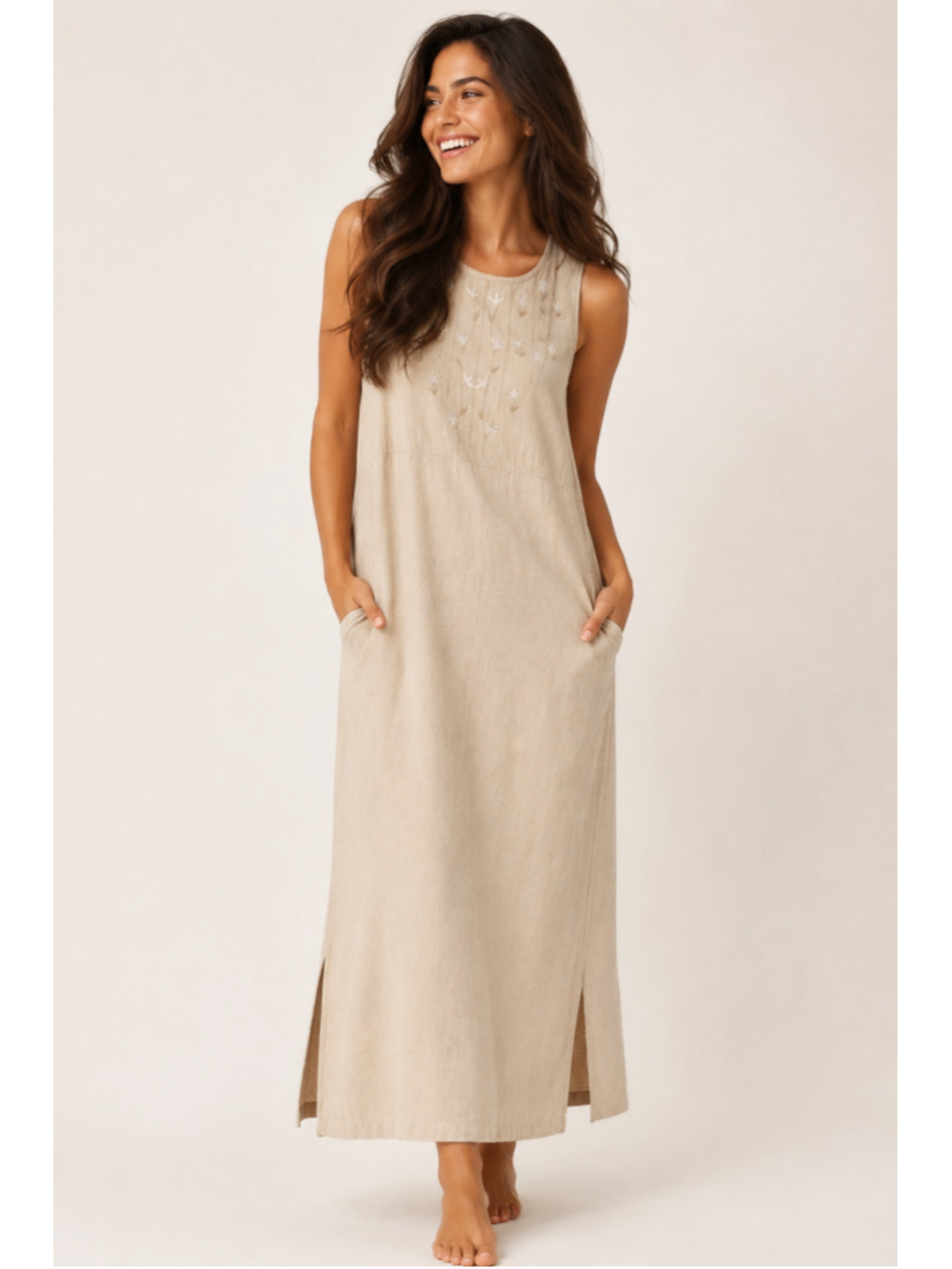 Vintage Erika Embroidered Linen Cotton Maxi Dress Sleeveless Quiet Luxury 90s M